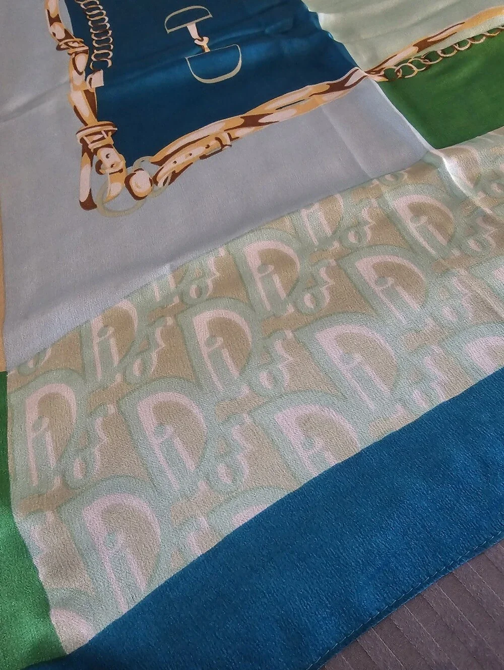 Christian Dior Vintage Silk Scarf Turquoise Equestrian Chain Trotter Monogram